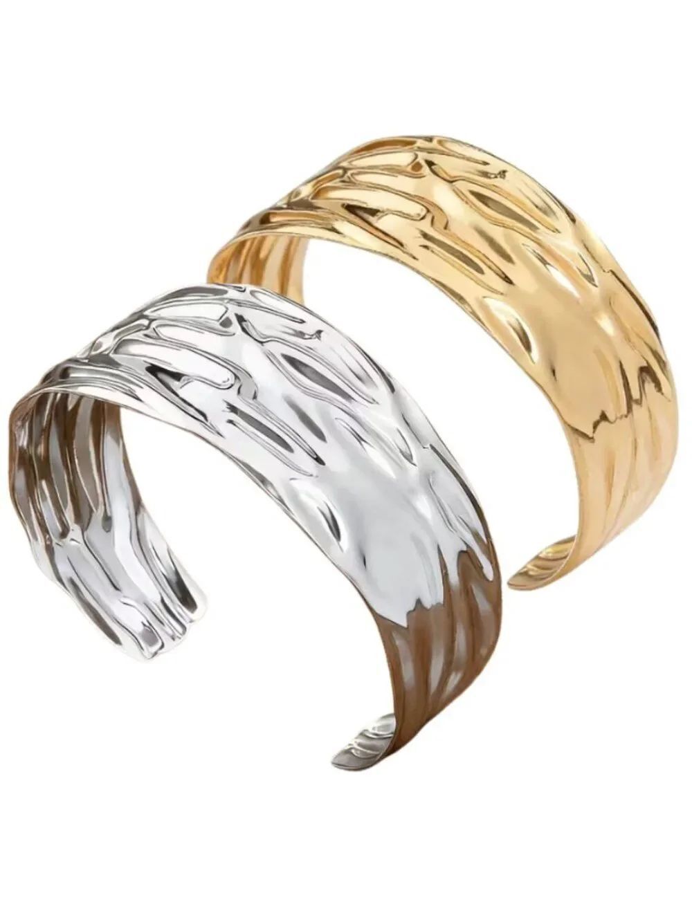 NWT Minimalist Irregular Pleated Open Bangle Modern Golden or Silvery Stacking